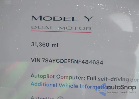 2022 Tesla Model Y Performance Dual Motor All-Wheel Drive z USA, uszkodzony, nr VIN 7SAYGDEF5NF484634